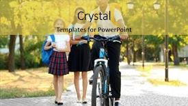  Presentation with bicycle - Beautiful presentation theme featuring schoolbag walk - schoolboy riding bicycle backdrop and a yellow colored foreground