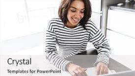  Presentation with african american in computer lab - Presentation design with schoolbooks - attractive young african woman using background and a light gray colored foreground