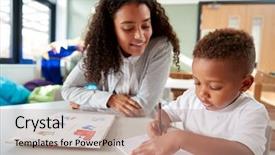  Presentation with infant - Presentation theme enhanced with schoolbooks - female infant school teacher working background and a coral colored foreground