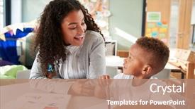  Presentation with infant - Cool new theme with schoolbooks - female infant school teacher working backdrop and a coral colored foreground