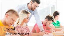  Presentation with group of students raising hands - Slides having schoolbooks - group of teenage students studying background and a coral colored foreground