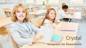  Presentation with elementary - PPT theme having schoolbooks - happy boy in a class background and a  colored foreground