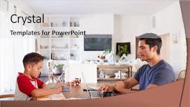  Presentation with dining table - PPT theme consisting of schoolbooks - hispanic father and son working background and a light gray colored foreground