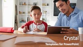  Presentation with teen - Cool new PPT theme with schoolbooks - hispanic pre-teen boy sitting backdrop and a tawny brown colored foreground