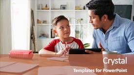  Presentation with dining table - Presentation theme consisting of schoolbooks - hispanic pre-teen boy sitting background and a red colored foreground