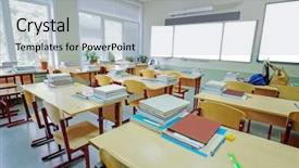  Presentation with class - Colorful presentation theme enhanced with schoolbooks - interior of an empty school backdrop and a light blue colored foreground