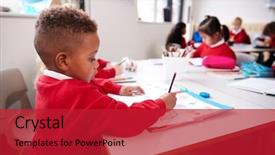 Presentation with school desk - PPT layouts enhanced with schoolbooks - young black schoolboy wearing school background and a crimson colored foreground