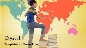  Presentation with digital books - Presentation theme featuring schoolboy climbing tower of books background and a  colored foreground