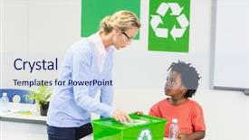  Presentation with recycle glass waste for recycling - Cool new slides with schoolboy discussing about recycle logo backdrop and a sky blue colored foreground