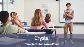  Presentation with giving - Beautiful presentation theme featuring schoolboy giving presentation in classroom backdrop and a ocean colored foreground