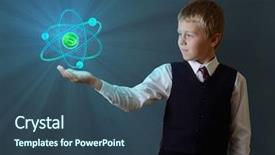  Presentation with atom - PPT theme having schoolboy holding glowing atom background and a ocean colored foreground