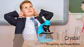  Presentation with chemistry educational - Colorful presentation design enhanced with schoolboy looking in the microscope during the lesson of chemistry or biology in school educational concept backdrop and a coral colored foreground