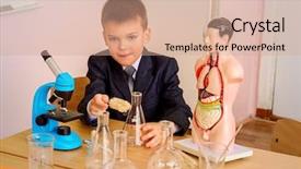  Presentation with chemistry educational - Audience pleasing presentation theme consisting of schoolboy looking in the microscope during the lesson of chemistry or biology in school educational concept backdrop and a coral colored foreground