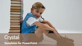  Presentation with stack books - Slide deck featuring schoolboy sitting against books background and a  colored foreground