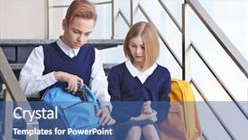  Presentation with stairs - Colorful presentation theme enhanced with schoolboy sitting on school stairs backdrop and a ocean colored foreground