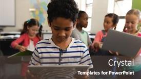  Presentation with elementary - Cool new PPT theme with schoolboy-studying-on-digital-tablet backdrop and a tawny brown colored foreground