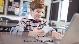  Presentation with laptop - Beautiful PPT theme featuring schoolboy using laptop and mobile backdrop and a coral colored foreground