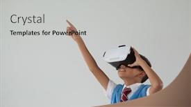  Presentation with virtual - Beautiful theme featuring schoolboy using virtual reality headset against white background backdrop and a light gray colored foreground