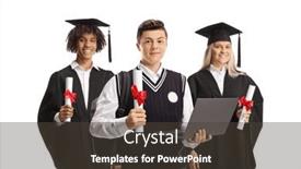  Presentation with computer - PPT layouts featuring schoolboy-with-a-laptop-computer background and a dark gray colored foreground