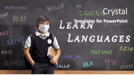  Presentation with blackboard - Slide deck having schoolboy-with-a-protective-mask background and a dark gray colored foreground