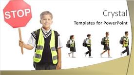  Presentation with stop - PPT theme featuring schoolboy-with-a-reflective-vest background and a white colored foreground