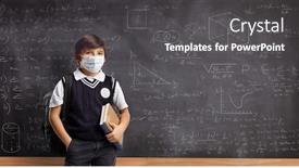  Presentation with face mask - Colorful slide set enhanced with schoolboy-with-books-and-backpack backdrop and a dark gray colored foreground