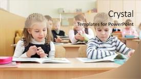  Presentation with school and community - Beautiful PPT theme featuring schoolchild behind desks at school backdrop and a lemonade colored foreground