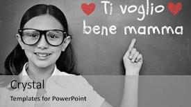  Presentation with mothers - Beautiful PPT theme featuring schoolchild with blackboard against italian mothers day message backdrop and a light gray colored foreground