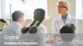  Presentation with chemistry - Cool new PPT theme with schoolchildren at lesson of chemistry backdrop and a gray colored foreground