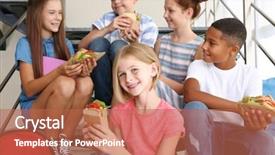  Presentation with steps - Colorful PPT layouts enhanced with schoolchildren eating sandwiches while sitting on stair-steps at school backdrop and a red colored foreground