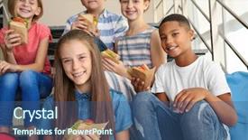  Presentation with steps - Audience pleasing slides consisting of schoolchildren eating sandwiches while sitting backdrop and a ocean colored foreground