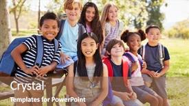  Presentation with school trip - Slide deck with multi-ethnic group of schoolchildren background and a coral colored foreground