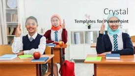  Presentation with classroom - Presentation consisting of schoolchildren-sitting-at-desks background and a sky blue colored foreground