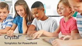  Presentation with classroom - PPT theme featuring schoolchildren sitting in classroom background and a coral colored foreground