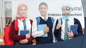  Presentation with classroom - Slide deck featuring schoolchildren-standing-in-classroom background and a sky blue colored foreground