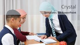  Presentation with classroom - PPT theme having schoolchildren-studying-in-classroom background and a light gray colored foreground