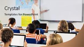  Presentation with tablets - PPT layouts with schoolchildren using digital tablets background and a sky blue colored foreground