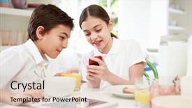  Presentation with breakfast - Colorful PPT theme enhanced with schoolchildren with digital tablet and mobile at breakfast backdrop and a lemonade colored foreground