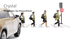  Presentation with stop - PPT theme enhanced with schoolchildren-with-safety-vests-crossing background and a white colored foreground