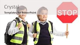  Presentation with stop - Slide set enhanced with schoolchildren with safety vests and a stop sign isolated on white background background and a light gray colored foreground