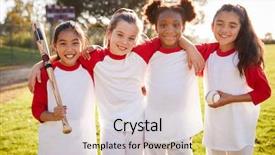  Presentation with baseball team - Audience pleasing PPT layouts consisting of schoolgirl baseball team holding baseball backdrop and a soft green colored foreground