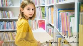  Presentation with education school literature reading - Presentation theme having schoolgirl-choosing-book-in-school background and a  colored foreground