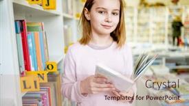  Presentation with education school literature reading - Presentation theme with schoolgirl-choosing-book-in-school background and a  colored foreground