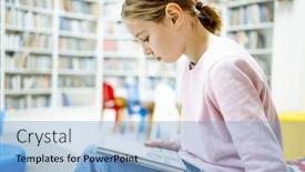  Presentation with education school literature reading - Slide deck consisting of schoolgirl-choosing-book-in-school background and a  colored foreground