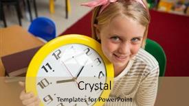  Presentation with classroom - Slide deck consisting of schoolgirl holding a wall clock background and a coral colored foreground