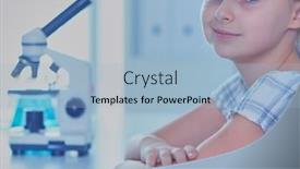  Presentation with microscope - PPT theme consisting of schoolgirl-looking-through-microscope background and a light blue colored foreground