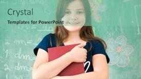  Presentation with school board - Audience pleasing presentation theme consisting of schoolgirl on school board with book posing backdrop and a seafoam green colored foreground