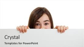  Presentation with empty - Audience pleasing PPT theme consisting of schoolgirl peeking - beautiful girl holding empty board backdrop and a white colored foreground