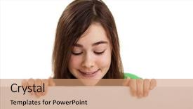  Presentation with wooden board empty table top - Colorful theme enhanced with schoolgirl peeking - beautiful girl holding empty board backdrop and a coral colored foreground