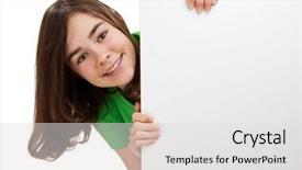  Presentation with wooden board empty table top - PPT theme featuring schoolgirl peeking - beautiful girl holding empty board background and a light gray colored foreground